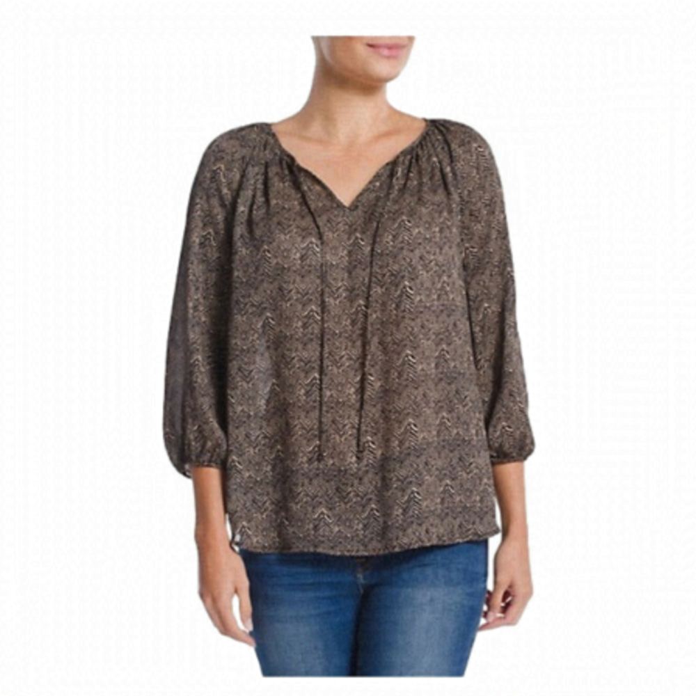 CHAPS zig- zag design black and cream tie front bohemian peasant blouse. Size M